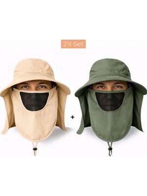 Mustran 2'li Set Uv Korumalı Sök Tak Maskeli Unisex Enseli Güneş Şapkası Outdoor Kamp Balıkçı Tarla