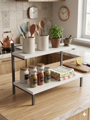 Steel Desing 2 Katlı Tezgah Üstü Mutfak Raf-Metal Ayaklı Ahşap Organizer -Baharatlık-Kaşıklık Standı-Çok Amaçlıdüzenleyici