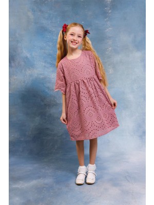 Perendi Kız Çocuk Şal Desen Brode Elbise – Pamuk Penye Astarlı