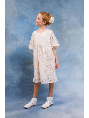 Perendi Kız Çocuk Şal Desen Brode Elbise – Pamuk Penye Astarlı