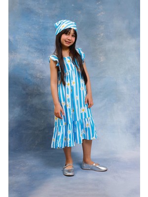 Perendi Kız Çocuk Fularlı Çizgili Papatya Desenli Viskon Elbise
