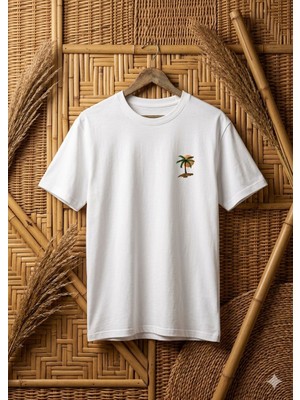 PHS Oversize Nakışlı Logo Bisiklet Yaka Tişört Beyaz