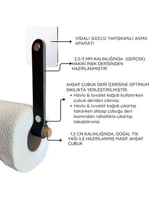 SÜS Yapışkanlı Ahşap & Deri Tuvalet Kağıtlığı | Banyo Kağıt Havluluk, Havlu Peçetelik | Wc Kağıtlık, Dolap Altı Kağıt Havlu Askısı (Siyah, Kağıt Havluluk)
