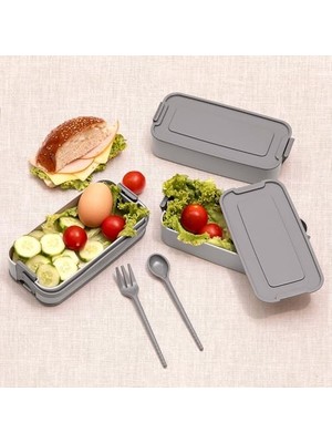SÜS 3 Katlı Beslenme Kutusu Yemek Taşıma Kabı Kaşık - Çatallı Sefer Tası Beslenme Seti G-770 (Gri)