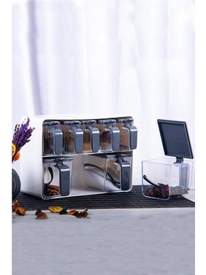 SÜS Sekizli Standlı Baharatlık Seti Gri Beyaz - 161280-815