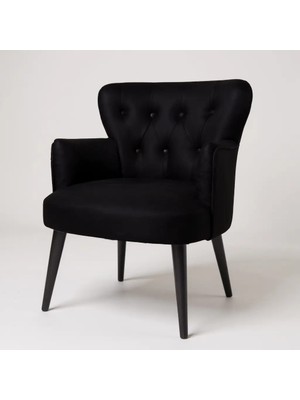 Waterybrook Tekli Berjer Koltuk - Kapitoneli Babyface Kumaş - Siyah Ahşap Ayaklı -  Retro Modern Tasarım  - 14 Renk Seçeneği