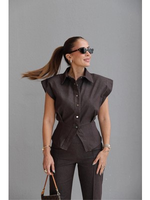 Purple By Banu Kahverengi Vatkalı Yelek Pantolon Takım