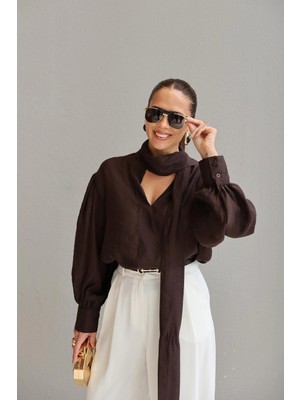 Purple By Banu Kahverengi Bağlama Detay Transparan Gömlek