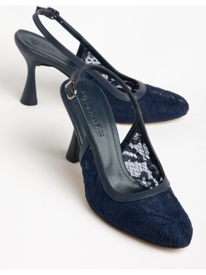 Dilimler Ayakkabı Büyük Numara Kadın Abiye Topuklu Ayakkabı Lacivert Tül Desenli Yuvarlak Burun