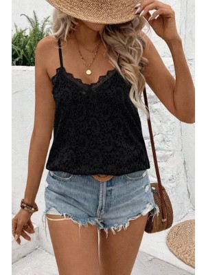 MiraLive Kadın Ip Askılı V Dantel Yakalı Dantel Bluz