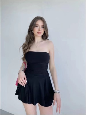 Mevese Kadın Straplez Mini Etek Görünümlü Şortlu Elbise Büzgülü Şık Yazlık - Siyah