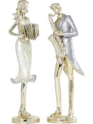 SÜS Deco 79 Reçine Müzisyen Dekoratif Heykel Akordeon ve Saksafonlu Ev Dekoru Heykelleri, 2'li Vurgu Figürin Seti 4 "g, 14" H, Altın