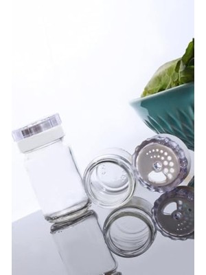 SÜS Bev Kitchen 3'lü Beyaz Akrilik Kapaklı Cam Tuzluk Biberlik Baharatlık Silindir Beyaz