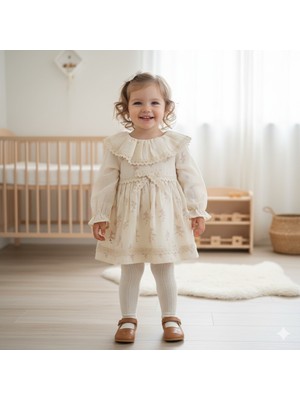 Wondress Baby Kız Bebek Fırfır Yakalı Dantel Detaylı Keten-Pamuk Elbise