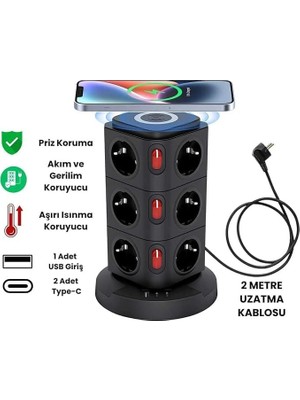 Nisar Store Tower Tipi Akım Korumalı Priz – 12 Prizli ve 4 USB Girişli, Bireysel Anahtarlı, Kısa Devre Koruma, Masa Üstü Dikey Tasarım – Ev ve Ofis Için Düzenli Çözüm