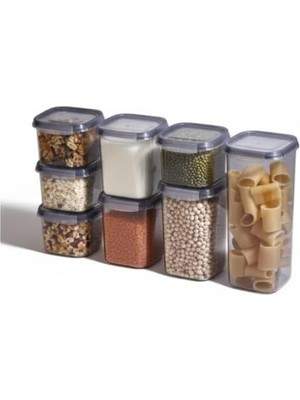 SÜS 8'li Kilitli ve Vakumlu Erzak Saklama Kabı Seti – Sızdırmaz Kapaklı Bakliyat, Baharat ve Gıda Düzenleyici – Istiflenebilir Şeffaf Mutfak Organizeri – Gri Detaylı