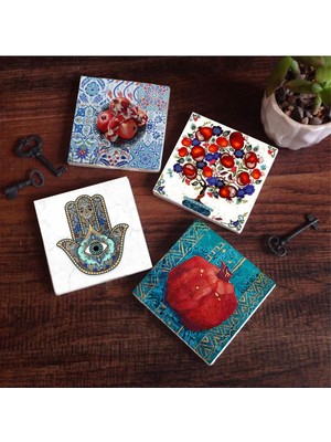 SÜS Nar Ağacı, Nar, Fatma Ana Eli  Taş Bardak Altlığı Seti - 4 Parça - Dekoratif, Rustik Mutfak Aksesuarı, 10X10 Cm, Kaydırmaz Tabanlı, Şık ve Dayanıklı SC191