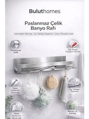 Buluthomes Paslanmaz Çelik Çok Amaçlı Banyo ve Mutfak Rafi - 4 Askılı, Yapışkanlı & Vidalı Kurulum