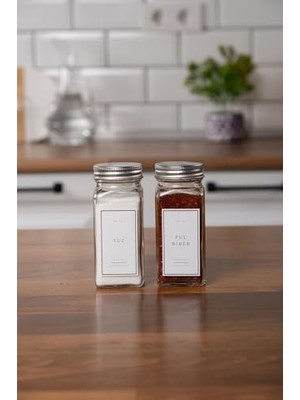 SÜS 2'li Cam Baharatlık Seti Kapaklı Etiketli Baharatlık Takımı