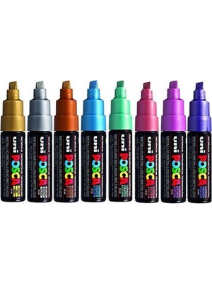 Uni-Ball Posca Su Bazlı Boyama Kalemi 8.0 Poster Markörü 8.0 Mm Metalik Renk 7+1 Renk Set pc-8k/7+1p.03