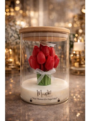 Mum Sihirliay Bambu Kapaklı Cam Kavanozda Kırmızı Lale