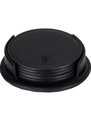 BloominBag Lavion Siyah Deri Yuvarlak Bardak Altlığı Seti (5'li)