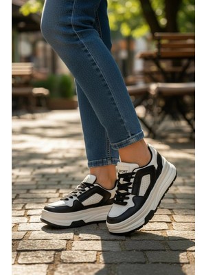 In Step Ropee Street Style Yüksek Taban Siyah Beyaz Kadın Sneaker
