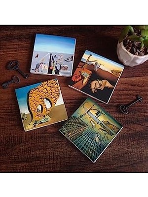 SÜS Dalí Belleğin Azmi, Belleğin Azmi Dağılışı, Arzunun Gizemi, Baharın Ilk Günleri Taş Bardak Altlığı Seti - 4 Parça - Dekoratif, Rustik Mutfak Aksesuarı, 10X10 Cm, Kaydırmaz Tabanlı SC217