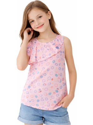 Alg Kız Çocuk Üzeri Desenli Fırfır Detaylı Pembe Renk Bluz