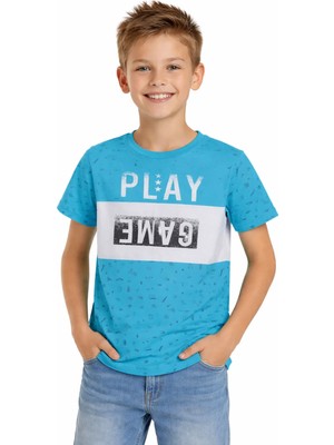Alg Erkek Çocuk Play Game Yazı Desenli Mavi Renk Tişört