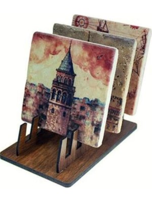 SÜS Dekoratif 6 Lı Ahşap Bardak Altlık Standı -Bardak Altlığı Standı