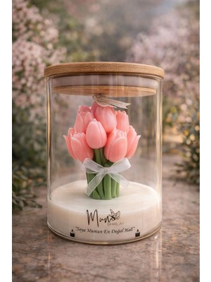 Mum Sihirliay Bambu Kapaklı Cam  Kavanozda Pembe Lale