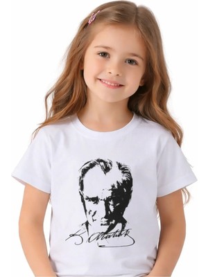 My Kids Erkek Çocuk / Kız Çocuk Önü Atatürk Arkası Atatürk İmzalı Kısa Kol Beyaz Renk Tişört