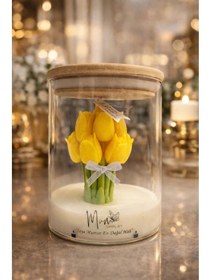 Mum Sihirliay Bambu Kapaklı Cam Kavanozda Sarı Lale