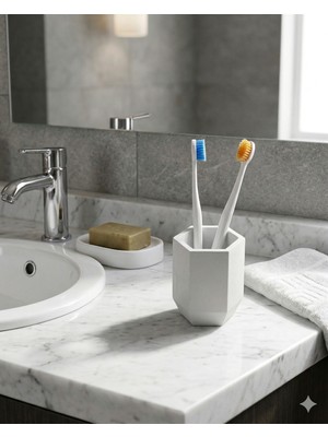 Odamdan Modern Altıgen Diş Fırçalık ve Banyo Düzenleyici (Tok ve Kalın Tasarım) - Beyaz