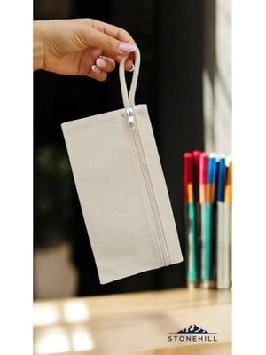 SÜS Kanvas Kalem Çantası, 23X12 Cm, Bej, Fermuarlı