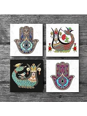 SÜS Şahmeran, Fatma Ana Eli  Taş Bardak Altlığı Seti - 4 Parça - Dekoratif, Rustik Mutfak Aksesuarı, 10X10 Cm, Kaydırmaz Tabanlı, Şık ve Dayanıklı SC226