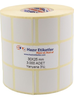 SÜS Eko Termal Etiket, 30MM x 25MM 3000 Adetli 3lü Yan Yana Sarılmış Rulolar 40MM Çapında Direk Termal Transfer Etiketi