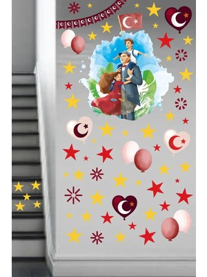 Kt Grup 23 Nisan Atatürk ve Çocuk Okul Kreş Cam Duvar Süslemesi Sticker Seti