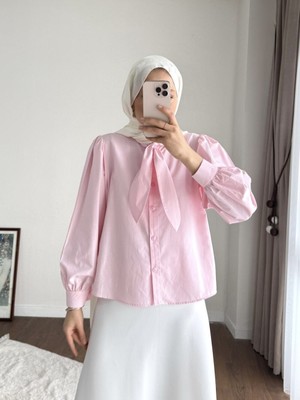 RFK Butik Kadın Etek Üstü Yaka Bağlamalı Poplin Gömlek - Pembe