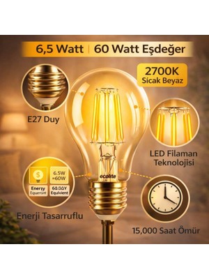 SÜS 6,5W LED Filament Ampul E27 | 60W Eşdeğer | 2700K Sarı Işık | 810 Lümen | 2’li Paket | Enerji Sınıfı E