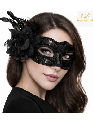 NW NessiWorld Siyah Venedik Parti Maskesi – Çiçekli Tüylü Payetli