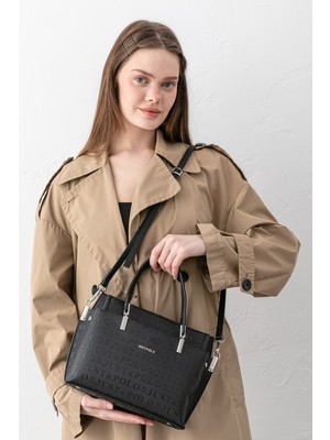 Just Polo Pera Ayarlanabilir Askılı Kabartma Yazılı Çok Bölmeli Geniş Hacimli Kadın Siyah El ve Kol Çantası PBU5404