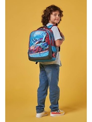 SÜS Gri Mavi Yarış Arabası Desenli Erkek Çocuk Ilkokul Çantası ve Günlük Sırt Çantası