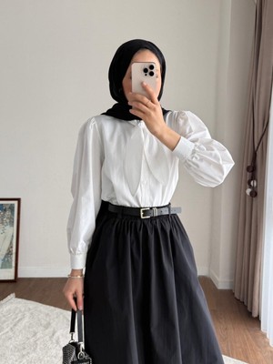 RFK Butik Kadın Etek Üstü Yaka Bağlamalı Poplin Gömlek - Beyaz