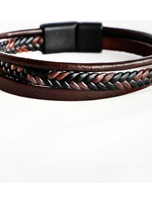 Biuti Kahverengi Siyah Hakiki Deri Üçlü Erkek Bileklik Mıknatıslı, Sevgililer Günü Hediyesi
