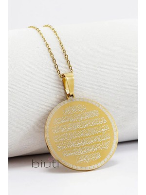 Biuti Gold 316L Çelik Kolye Lazer Kazıma Önde Ayetel Kürsi Arkada Felak Nas Ihlas 3cm
