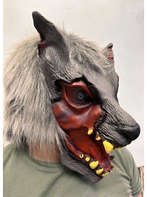 NW NessiWorld Kafaya Tam Geçmeli Lateks Dişli Ağzı Açık Kurt Maskesi Nessiworld