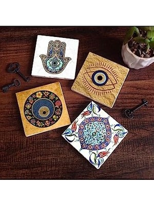 SÜS Nazar, Çini Sanatı, Fatma Ana Eli  Taş Bardak Altlığı Seti - 4 Parça - Dekoratif, Rustik Mutfak Aksesuarı, 10X10 Cm, Kaydırmaz Tabanlı, Şık ve Dayanıklı SC508