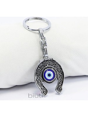 Biuti Nazar Boncuklu Klasik Desenli At Nalı Metal Anahtarlık, Hediyelik Küçük Çanta Süsü